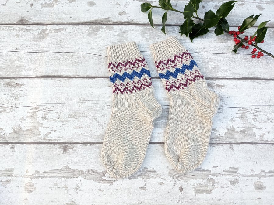 Handknit socks women's chunky merino wool, handmade oatmeal with fair isle 