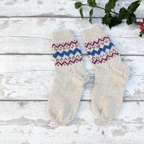 Handknit socks women's chunky merino wool, handmade oatmeal with fair isle 