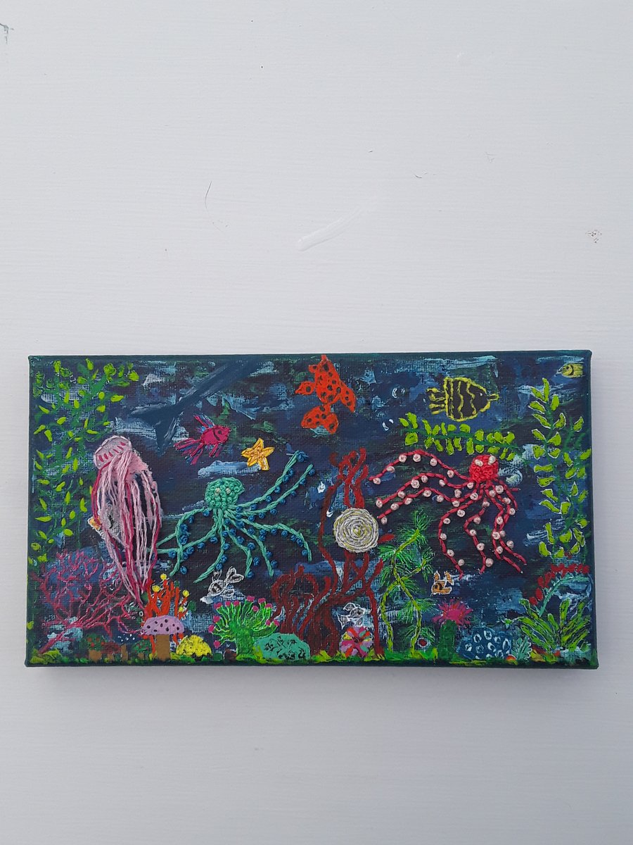 Painted and hand embroidered  under the sea artwork.