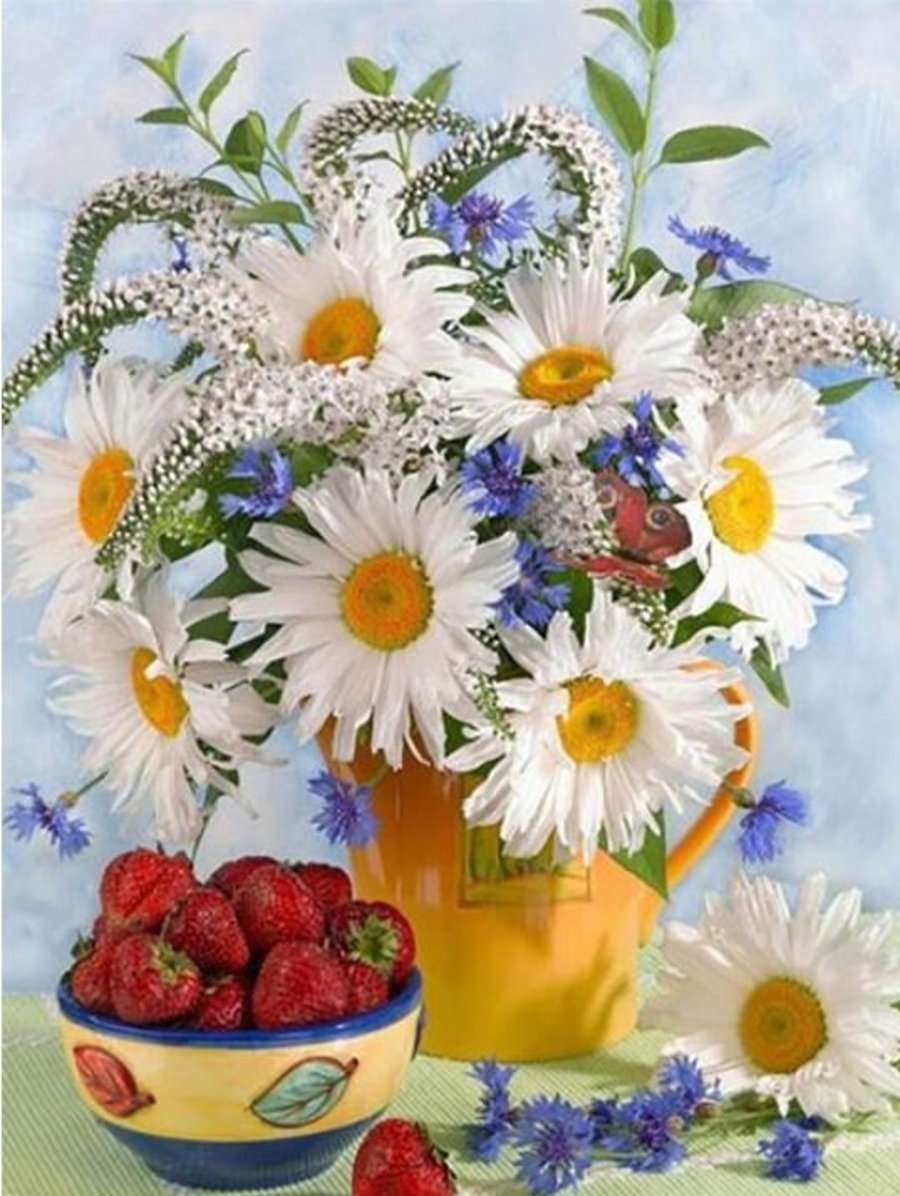 5D DIY Daisy and Strawberry Vase Diamond Painting Kit Crystal Embroidery Rhinest