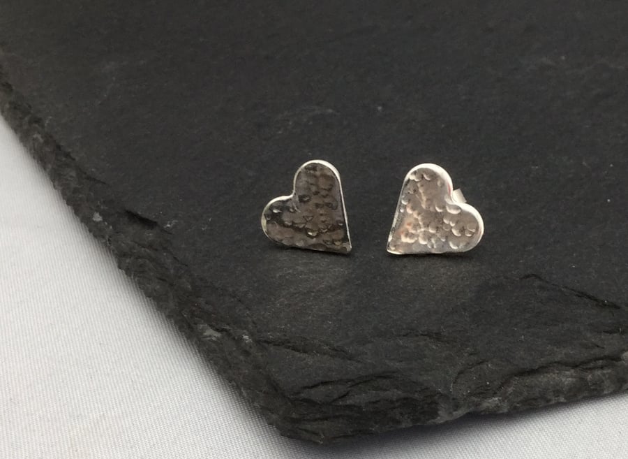 Sterling silver hammered heart studs