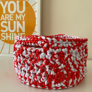 Crochet basket made with upcycled tshirt yarn - red and white