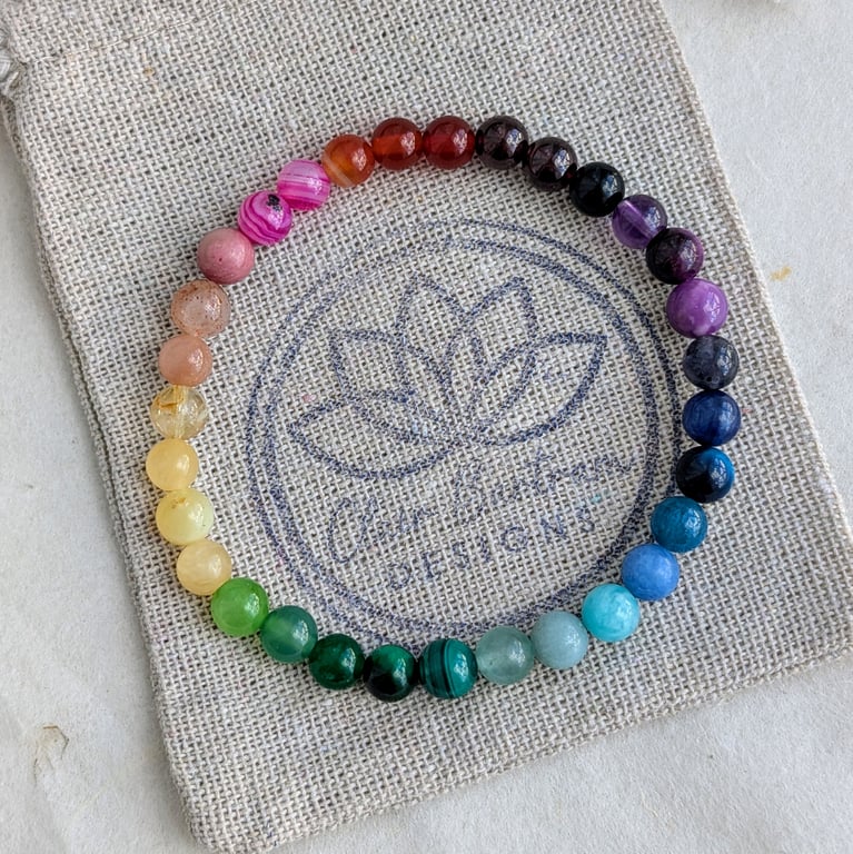 Rainbow gemstone beaded elasticated bracelet semi-precious, Pride, chakra