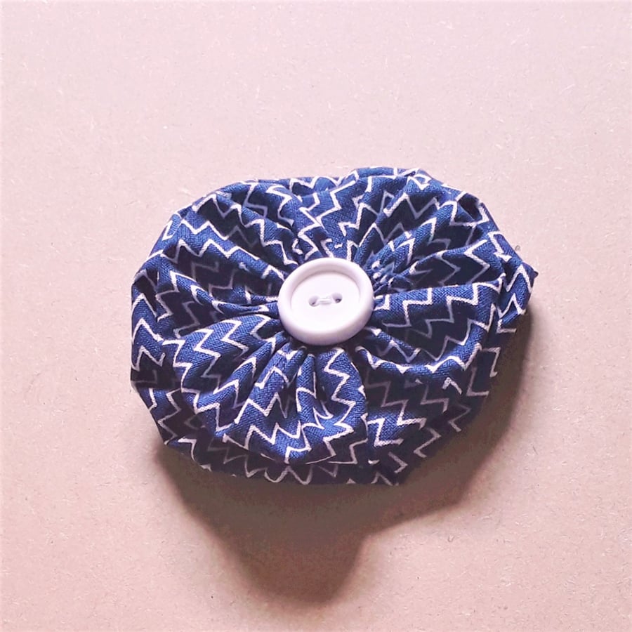 Fabric Button Brooch - Navy Blue and White