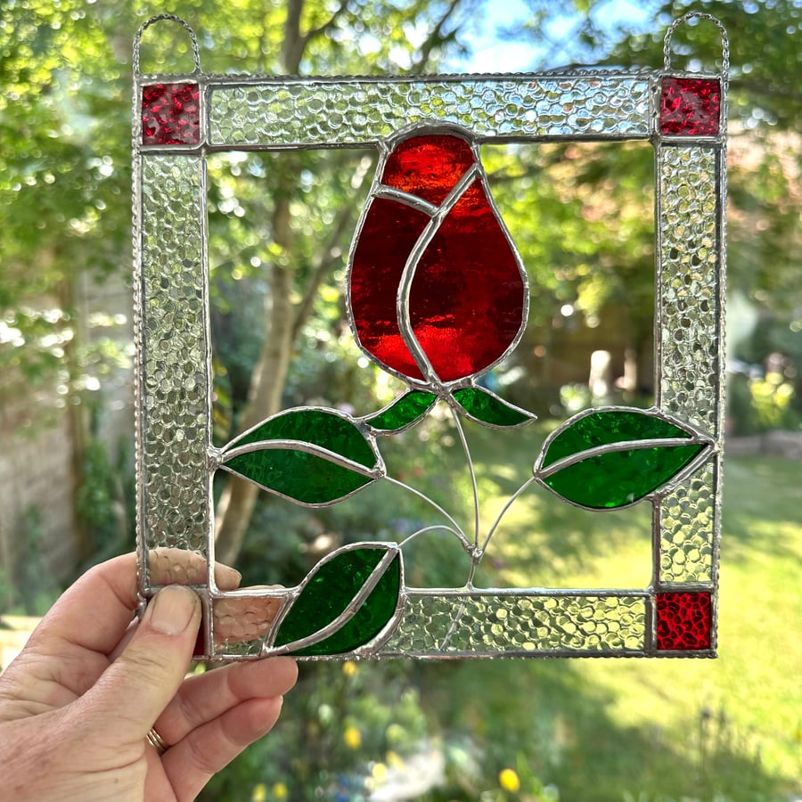 Stained Glass Rose Panel Suncatcher - Handmade Window Decoration