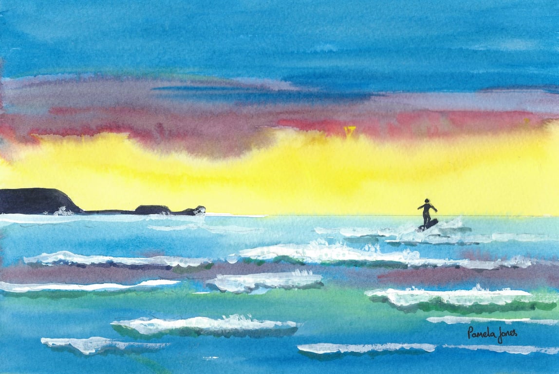 Surfer, Rhossili Bay, Gower, Original Watercolour, in 14 x 11 '' Mount