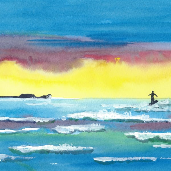 Surfer, Rhossili Bay, Gower, Original Watercolour, in 14 x 11 '' Mount