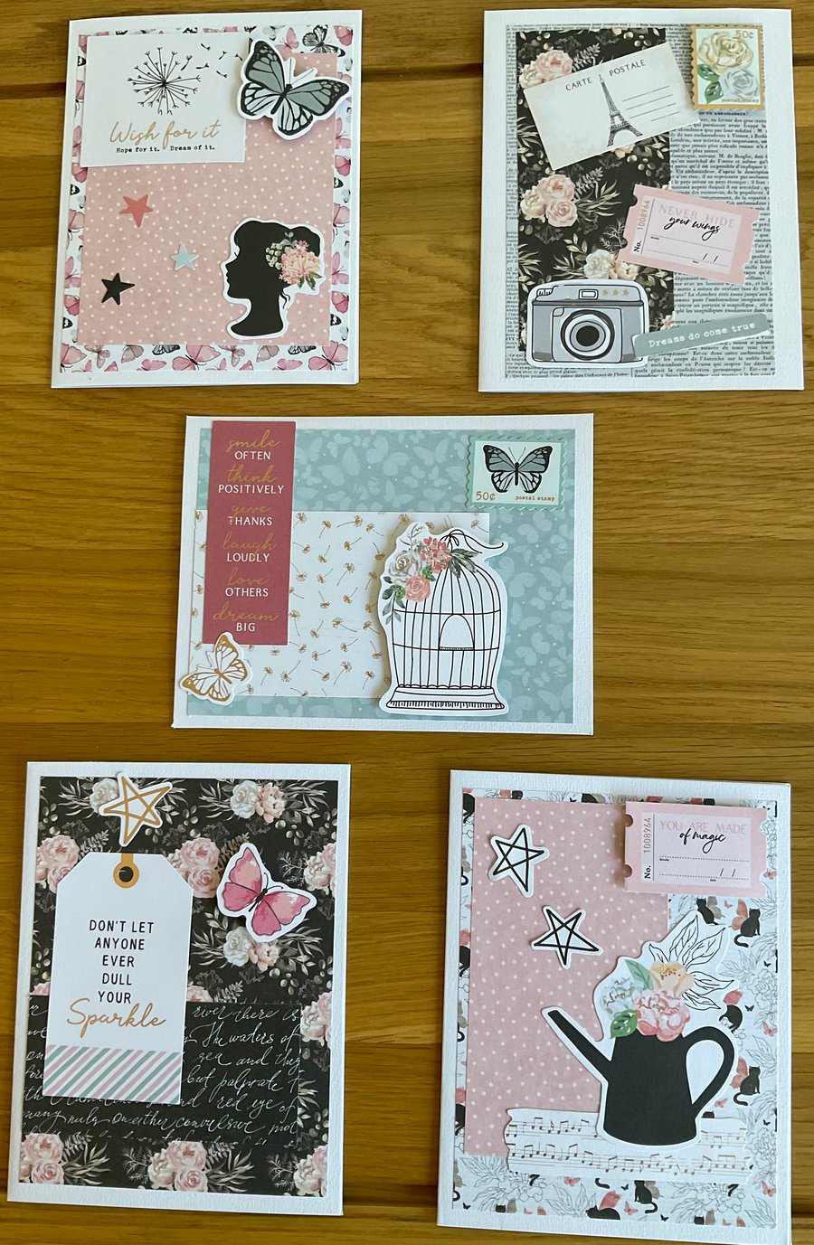 Cards. Set of five handmade decoupage greetings cards