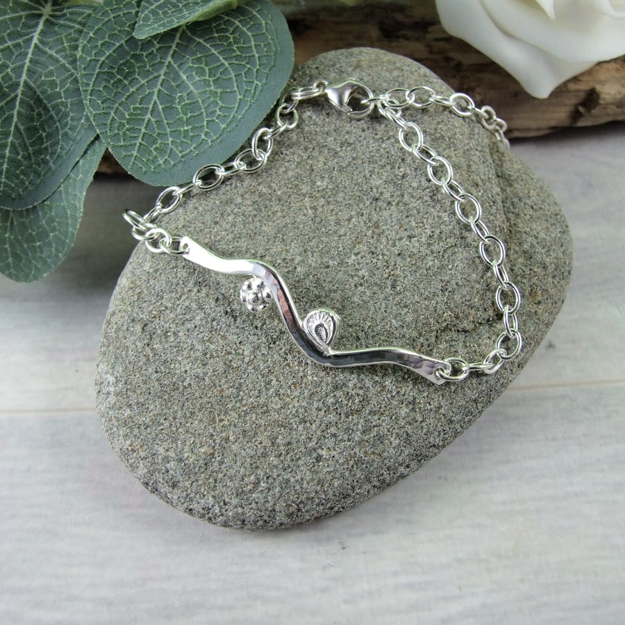 Silver Bracelet, Flower and Wavy Bar, Adjustable Fit