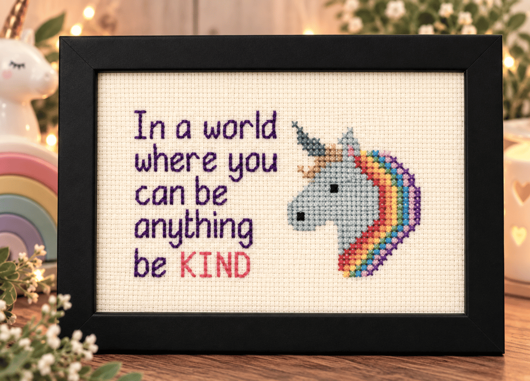 Be Kind Unicorn Cross Stitch – Handmade Framed Inspirational Gift – 6x4