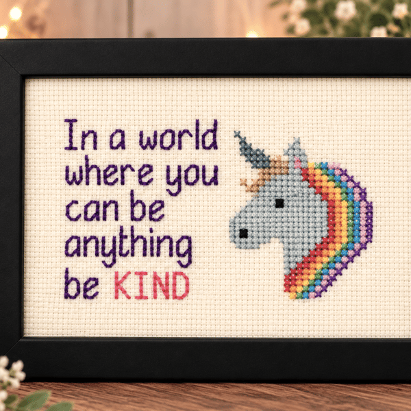 Be Kind Unicorn Cross Stitch – Handmade Framed Inspirational Gift – 6x4
