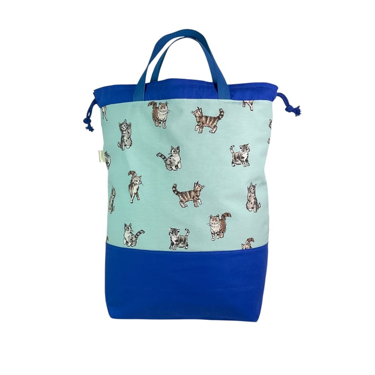 XXL drawstring knitting bag with  Cat print, supersized multi pockets 