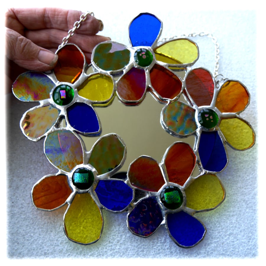 SOLD 240310 Rainbow Floral Mirror Stained Glass Suncatcher Handmade 