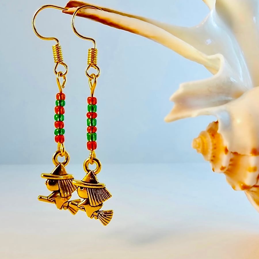 Halloween Witch Earrings With Orange & Green Glass, Trick Or Treat, Party