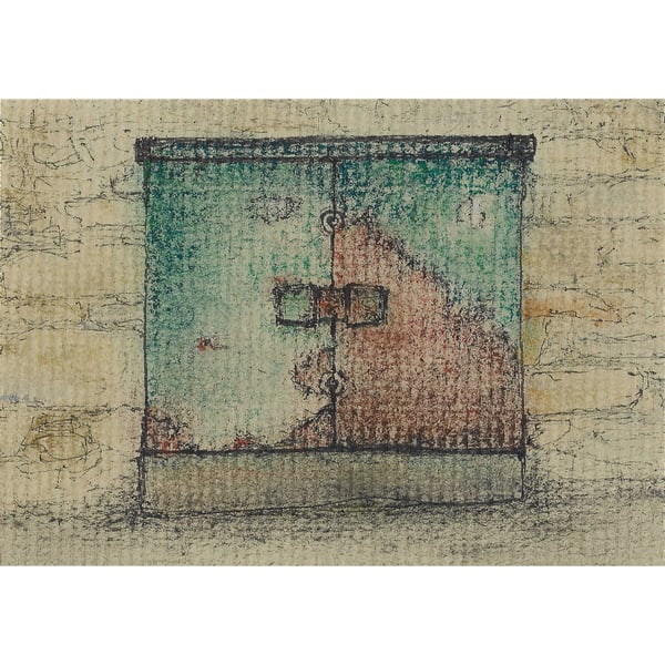 Telecoms street cabinet miniature framed pen drawing with pastel colour