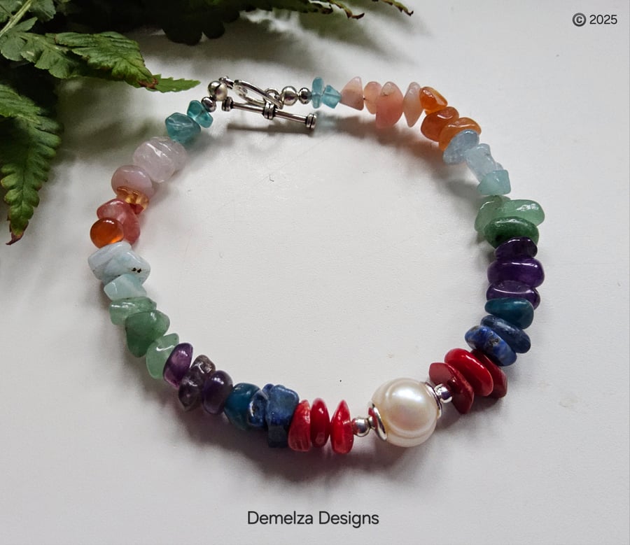 Artisan Stone Chakra Nugget & Baroque Freshwater Culture Pearl Bracelet 