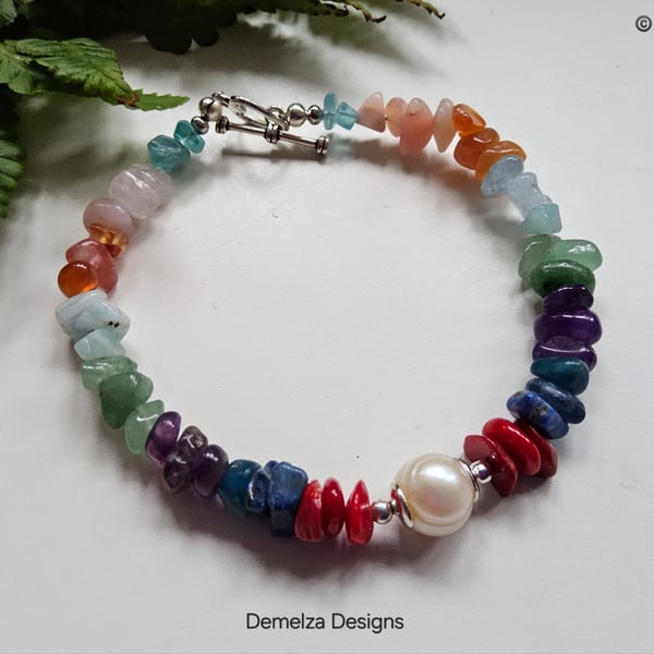 Artisan Stone Chakra Nugget & Baroque Freshwater Culture Pearl Bracelet 