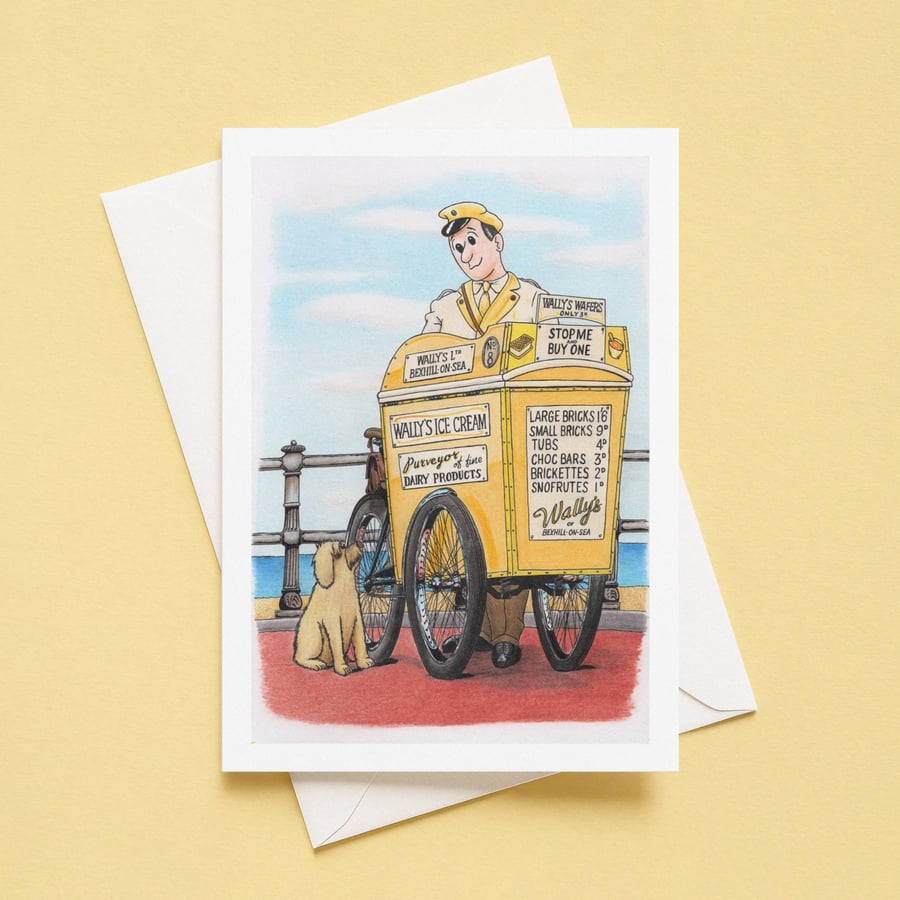 Seaside Greeting Card: Pencil Illustration of an Ice Cream Man and a Dog (810)