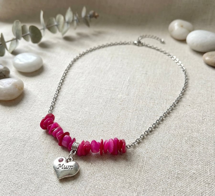 Fuschia Shell Chip Bead  Mum Charm Necklace 