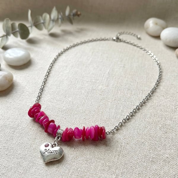Fuschia Shell Chip Bead  Mum Charm Necklace 