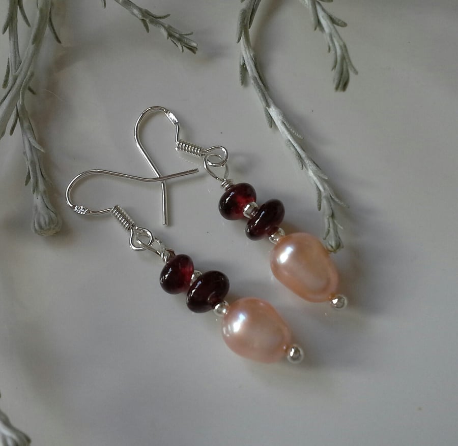 BESPOKE ORDER J.T. Genuine Pearls & Indian Red Garnet Sterling Silver Earrings