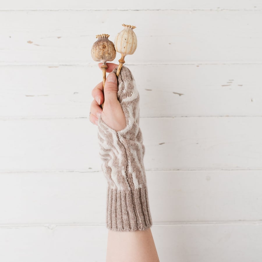 Zebra fingerless gloves - cobble and white