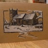 Original linocut christmas card, Almer Church in the snow, hand printed & signed