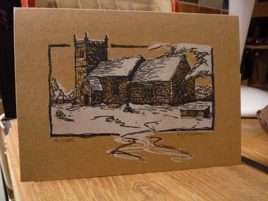 Original linocut christmas card, Almer Church in the snow, hand printed & signed