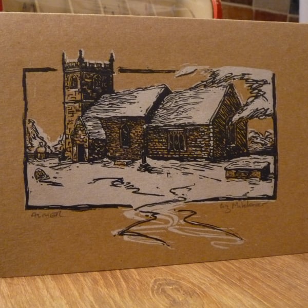 Original linocut christmas card, Almer Church in the snow, hand printed & signed