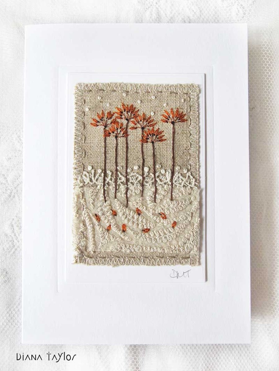 HAND EMBROIDERED GREETINGS CARD AUTUMN WINTER SEED HEADS