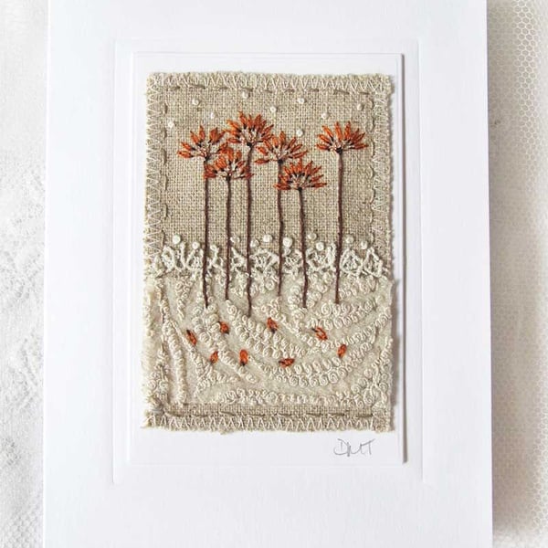 HAND EMBROIDERED GREETINGS CARD AUTUMN WINTER SEED HEADS
