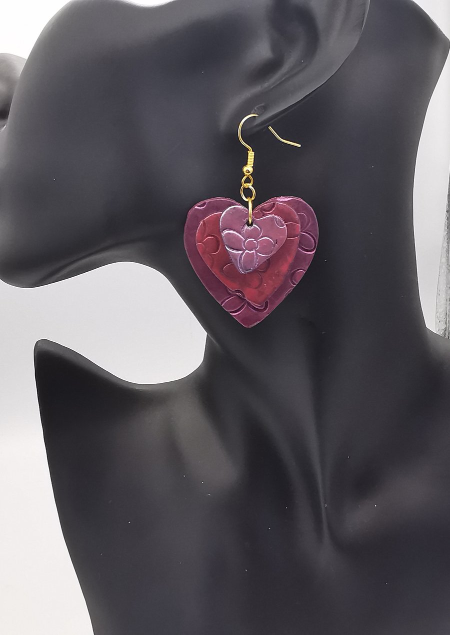 Heart Shaped, Layered, Statement Earrings With Pink Metallic Finish.  Handmade, 