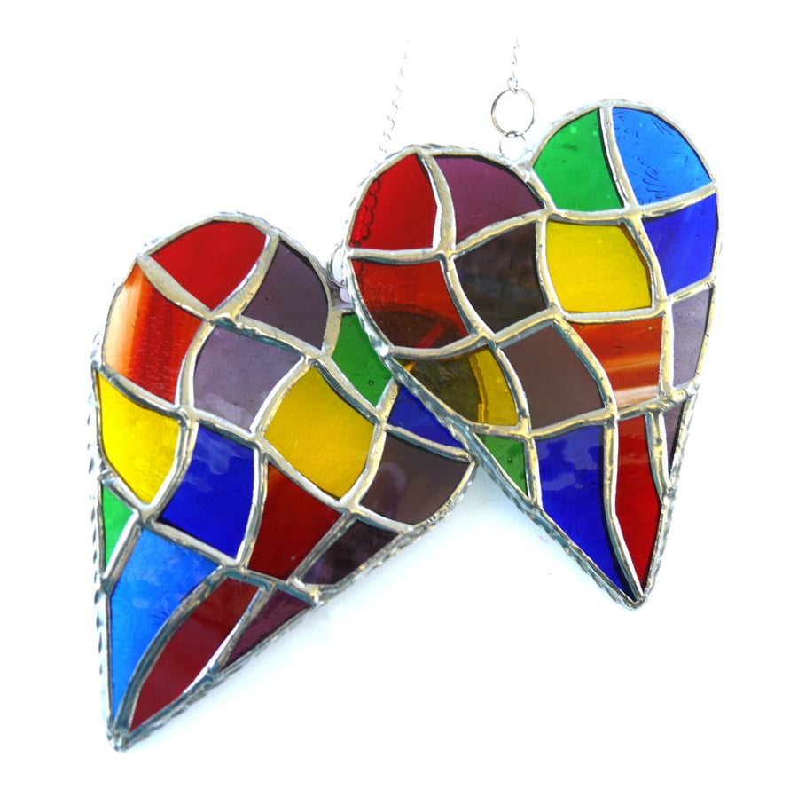  Patchwork Heart Suncatcher Stained Glass Handmade Rainbow 