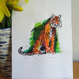 Tiger Art Limited Edition Hand-Pulled Linocut Print Green
