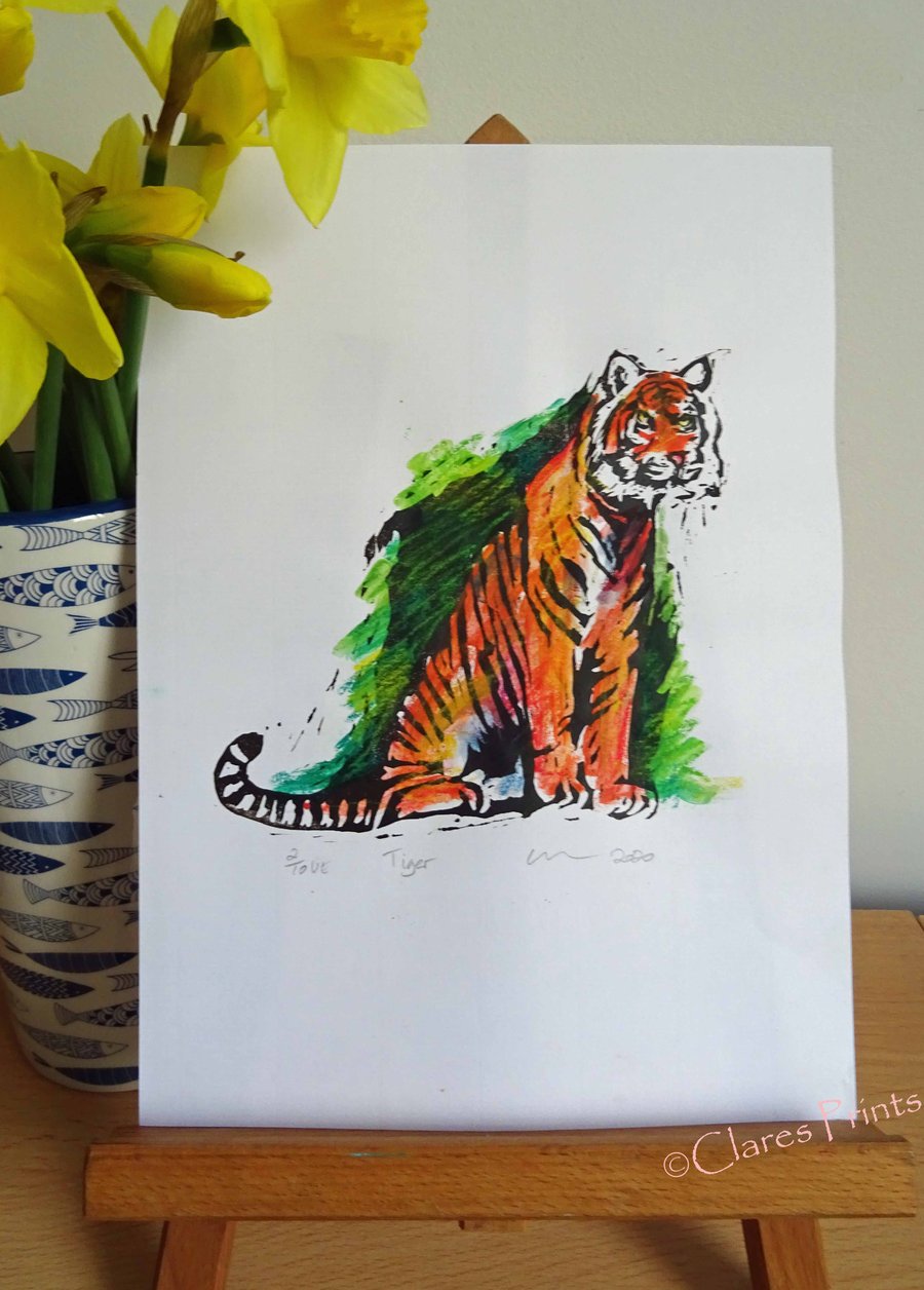 Tiger Art Limited Edition Hand-Pulled Linocut Print Green
