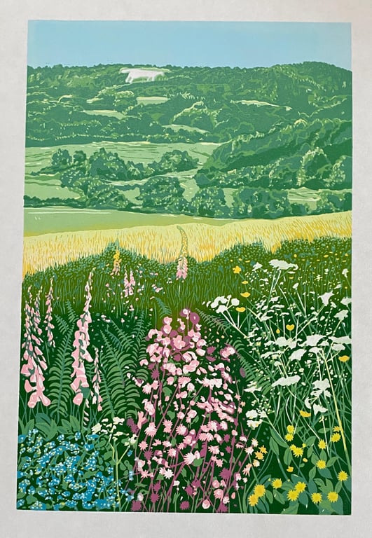  White Horse View - Handmade Limited Edition Reduction Lino Print