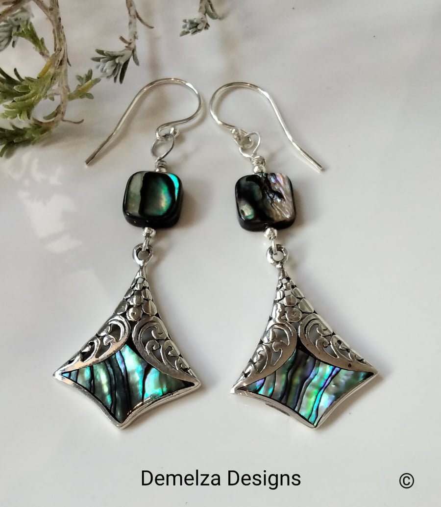 Abalone  Shell Sterling Silver Dangle Earrings 