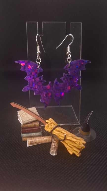 Halloween Purple Glitter Bat Earrings.