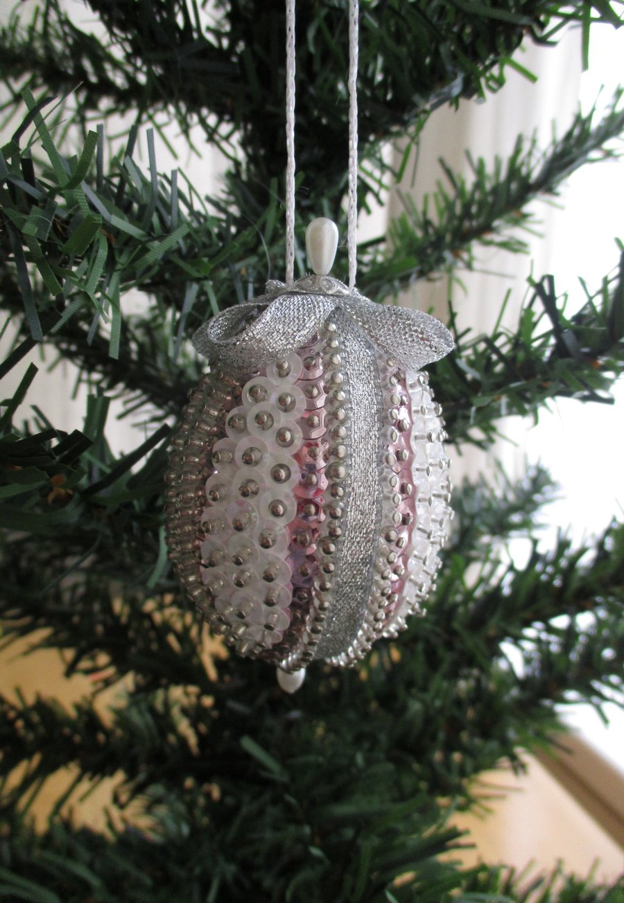 Hanging Sequin Egg Ornament - Pink, White and Silver - Tree Ornament 