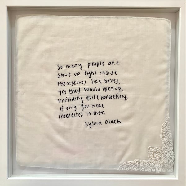 Hand embroidered quote on vintage handkerchief - quote by Sylvia Plath