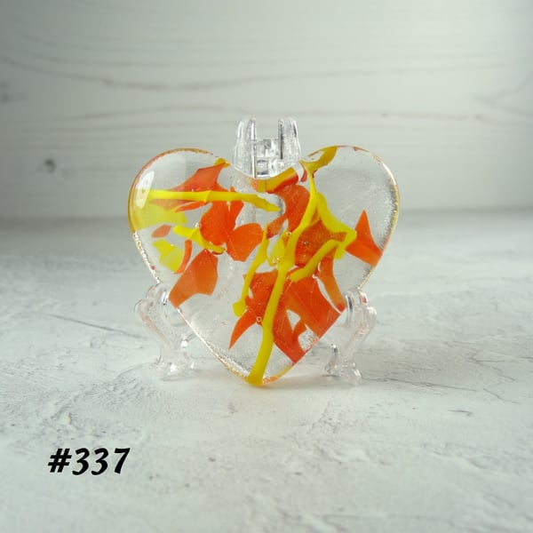 Orange and yellow heart fused glass pocket hug with stand 5x4.5cm (337)