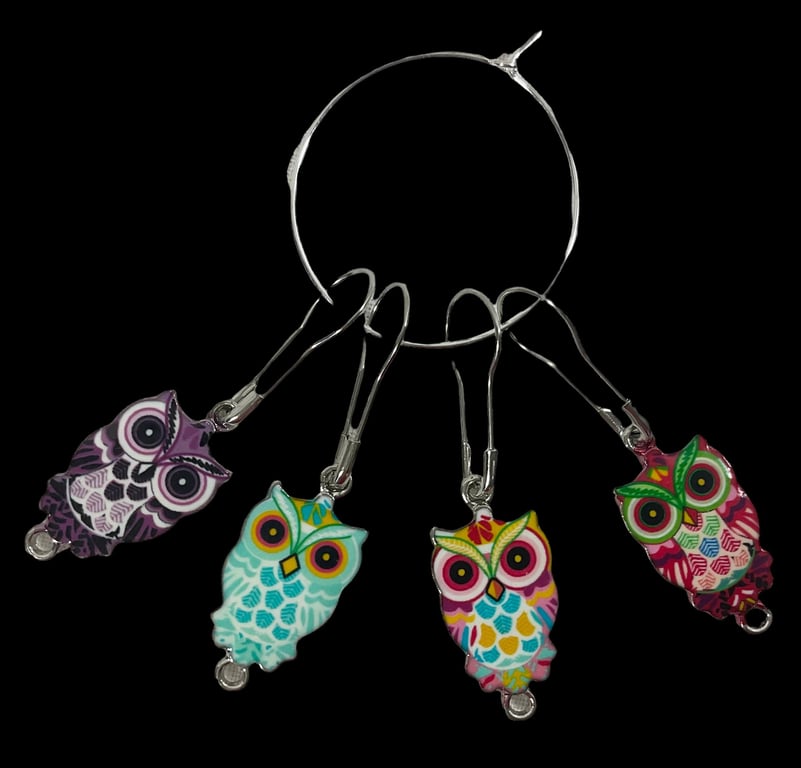 Owl Stitch markers ,enamelled colourful progress charms, knitting markers, lace 