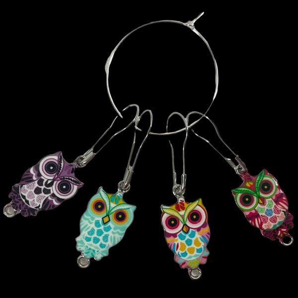 Owl Stitch markers ,enamelled colourful progress charms, knitting markers, lace 