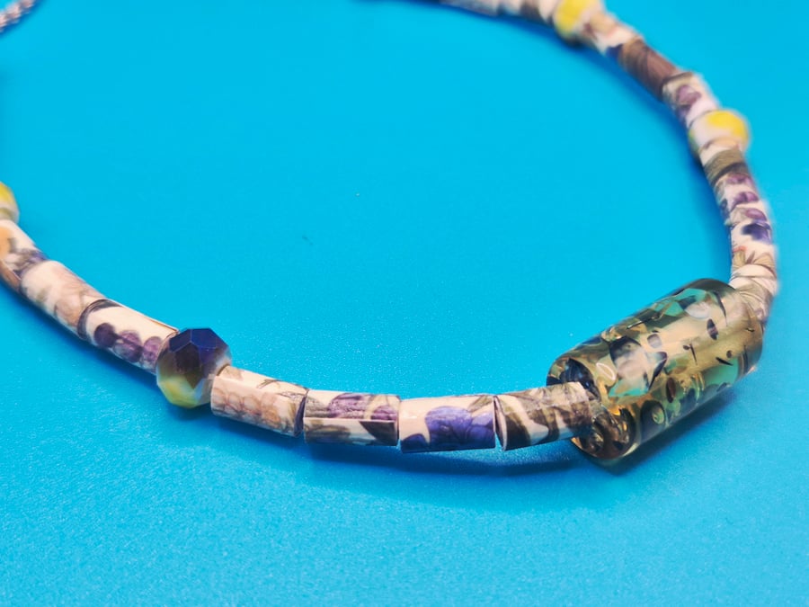 Nature theme paper beaded necklace with resin central piece