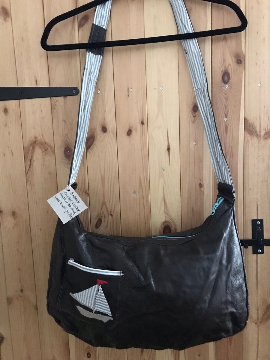 Soft Brown Leather Handmade Handbag with Nautical Yacht Logo and Cotton Lining 