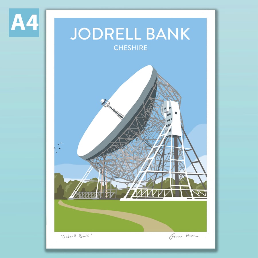 Jodrell Bank poster, Cheshire, retro style travel print A4