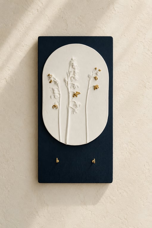 Lily of the Valley Wall Key Holder - Handmade Plaster Relief - Navy and Gold 