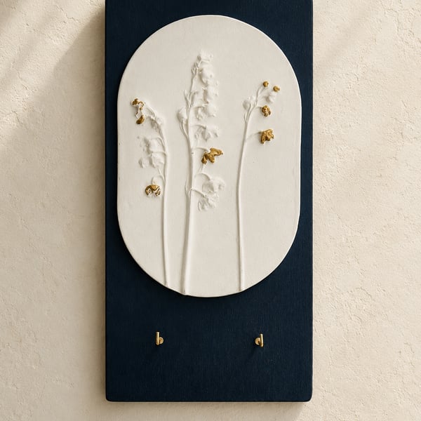 Lily of the Valley Wall Key Holder - Handmade Plaster Relief - Navy and Gold 