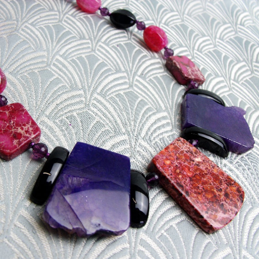 Chunky Handmade Necklace UK, Pink Purple Chunky Statement Necklace CC59