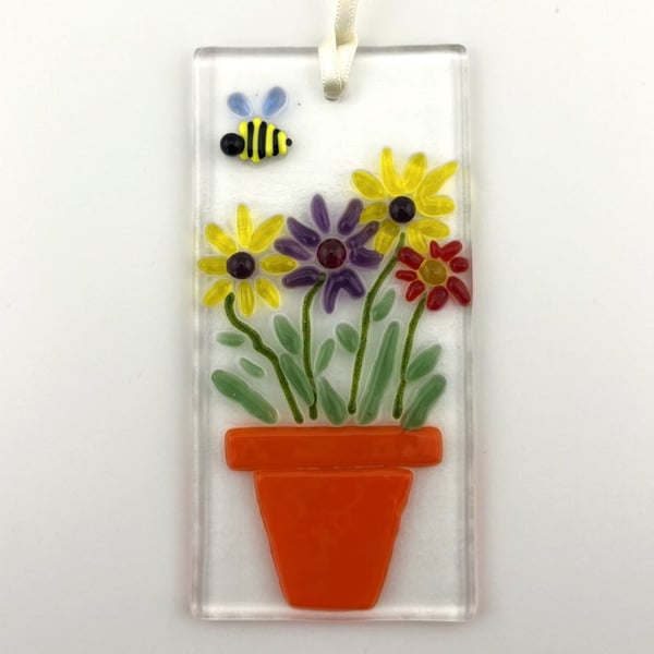 Fused glass mini suncatcher flowerpot with bee.